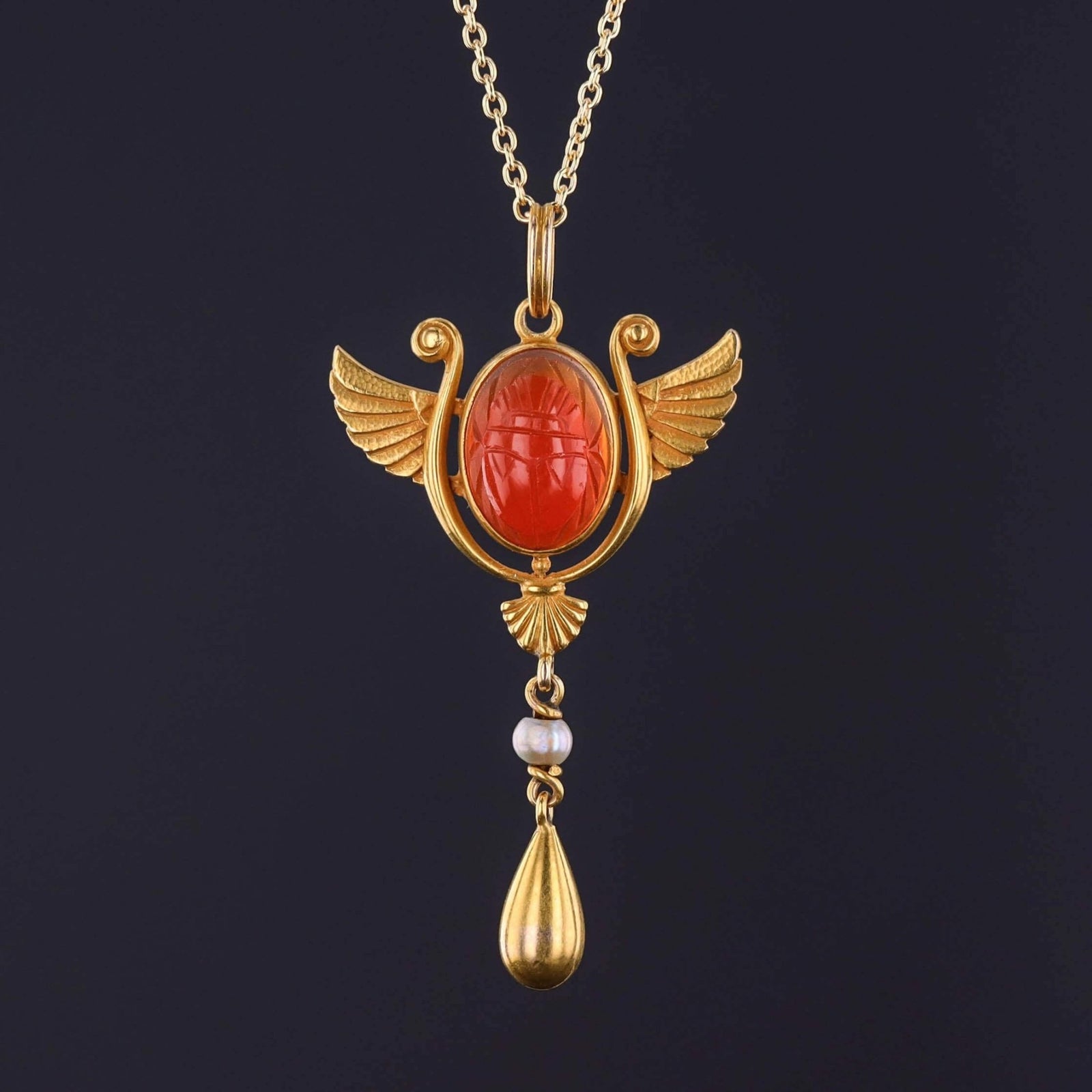 Egyptian Revival Scarab Necklace of 14k Gold - Trademark Antiques