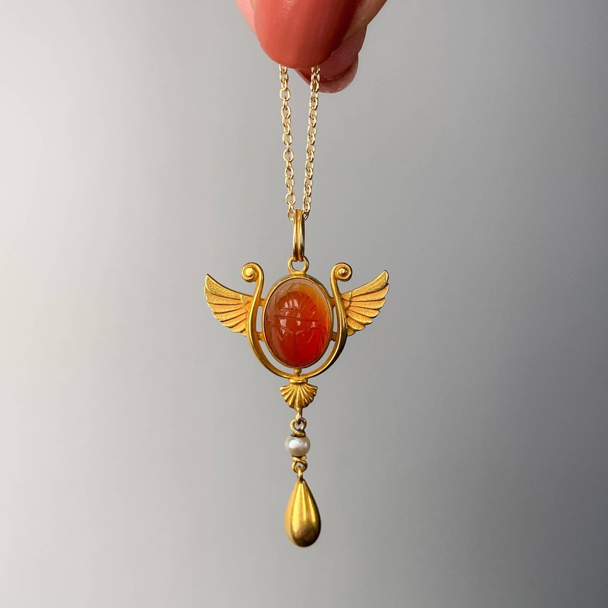 Egyptian Revival Scarab Necklace of 14k Gold - Trademark Antiques