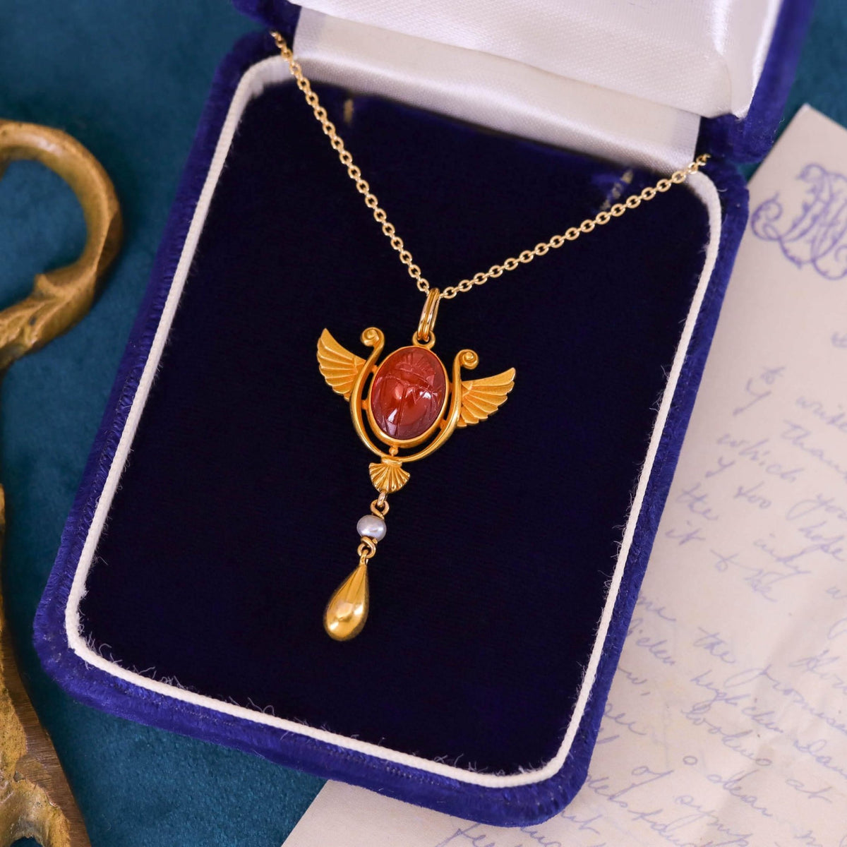 Egyptian Revival Scarab Necklace of 14k Gold - Trademark Antiques