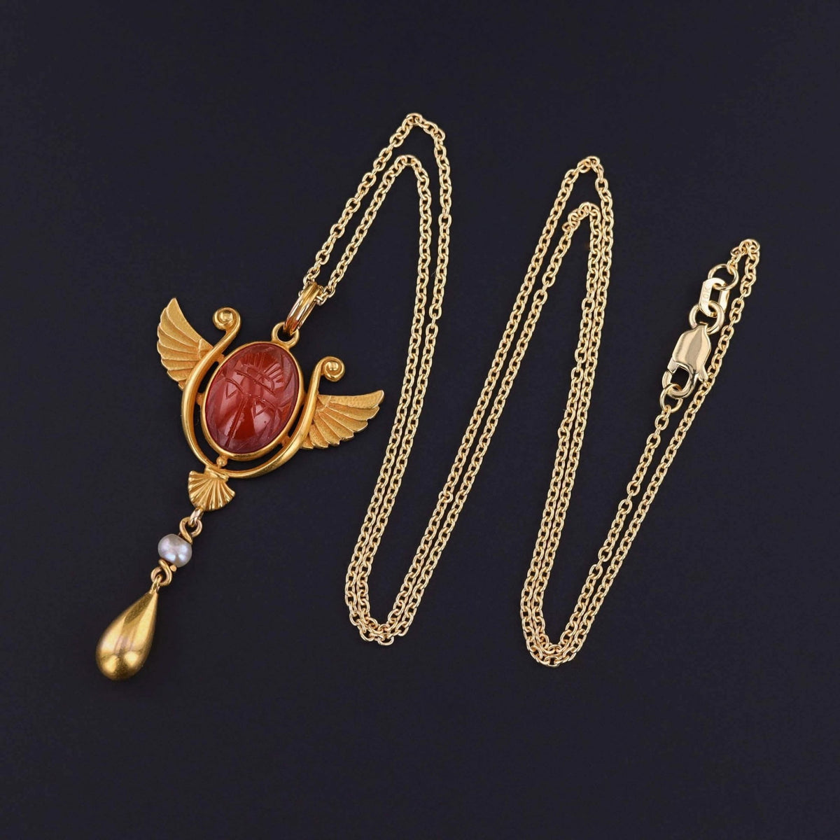 Egyptian Revival Scarab Necklace of 14k Gold - Trademark Antiques