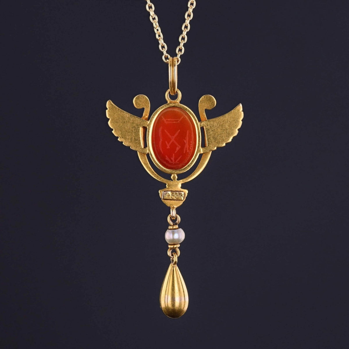 Egyptian Revival Scarab Necklace of 14k Gold - Trademark Antiques