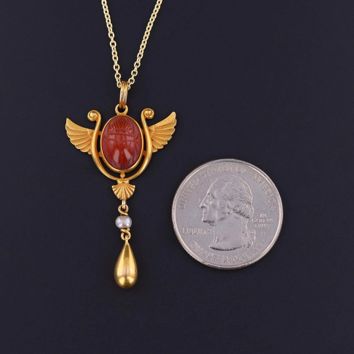 Egyptian Revival Scarab Necklace of 14k Gold - Trademark Antiques