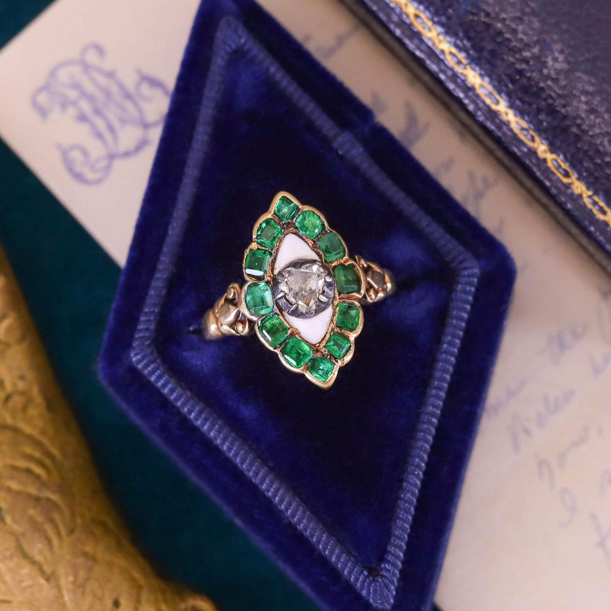 Georgian Emerald and Diamond Ring of 18k and 15k Gold - Trademark Antiques