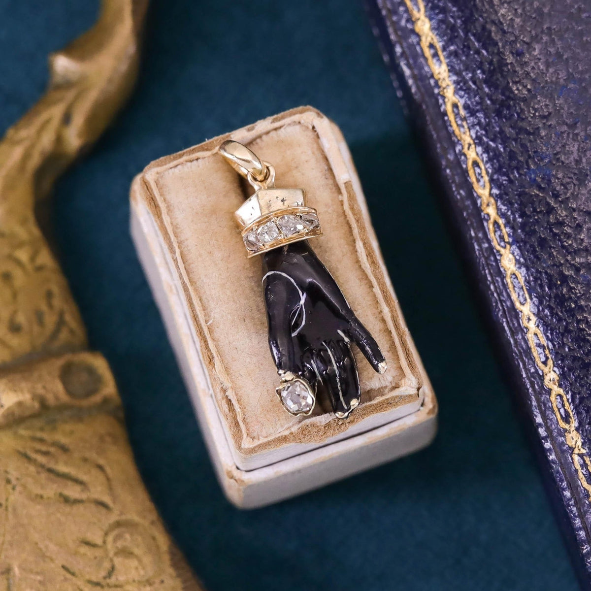 Georgian Enamel and Diamond Hand Pendant of 14k Gold - Trademark Antiques