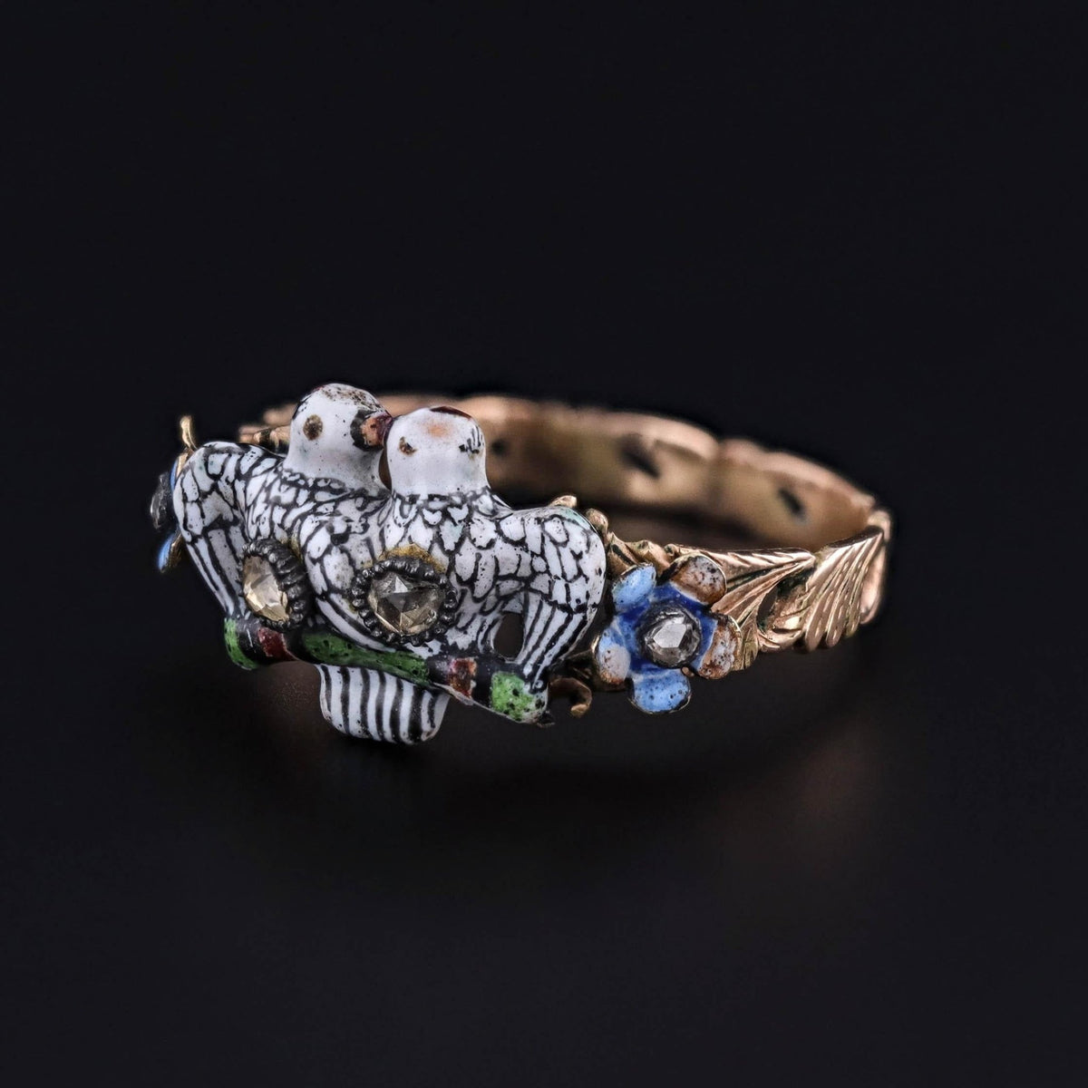 Georgian Era Renaissance Revival Enamel Lovebirds Ring - Trademark Antiques
