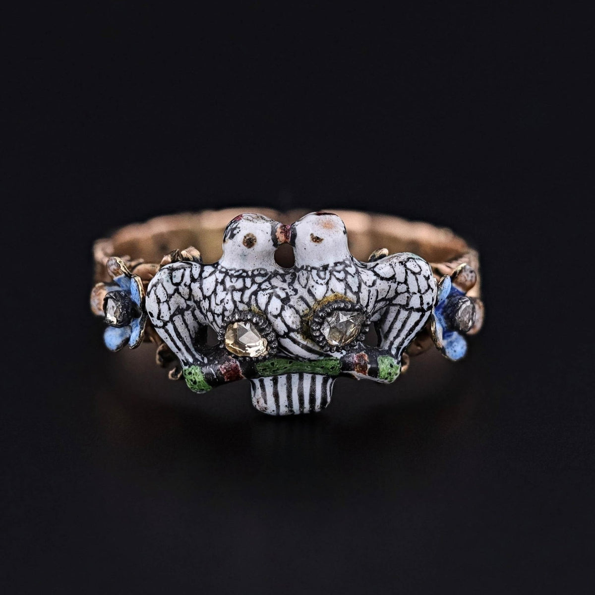 Georgian Era Renaissance Revival Enamel Lovebirds Ring - Trademark Antiques