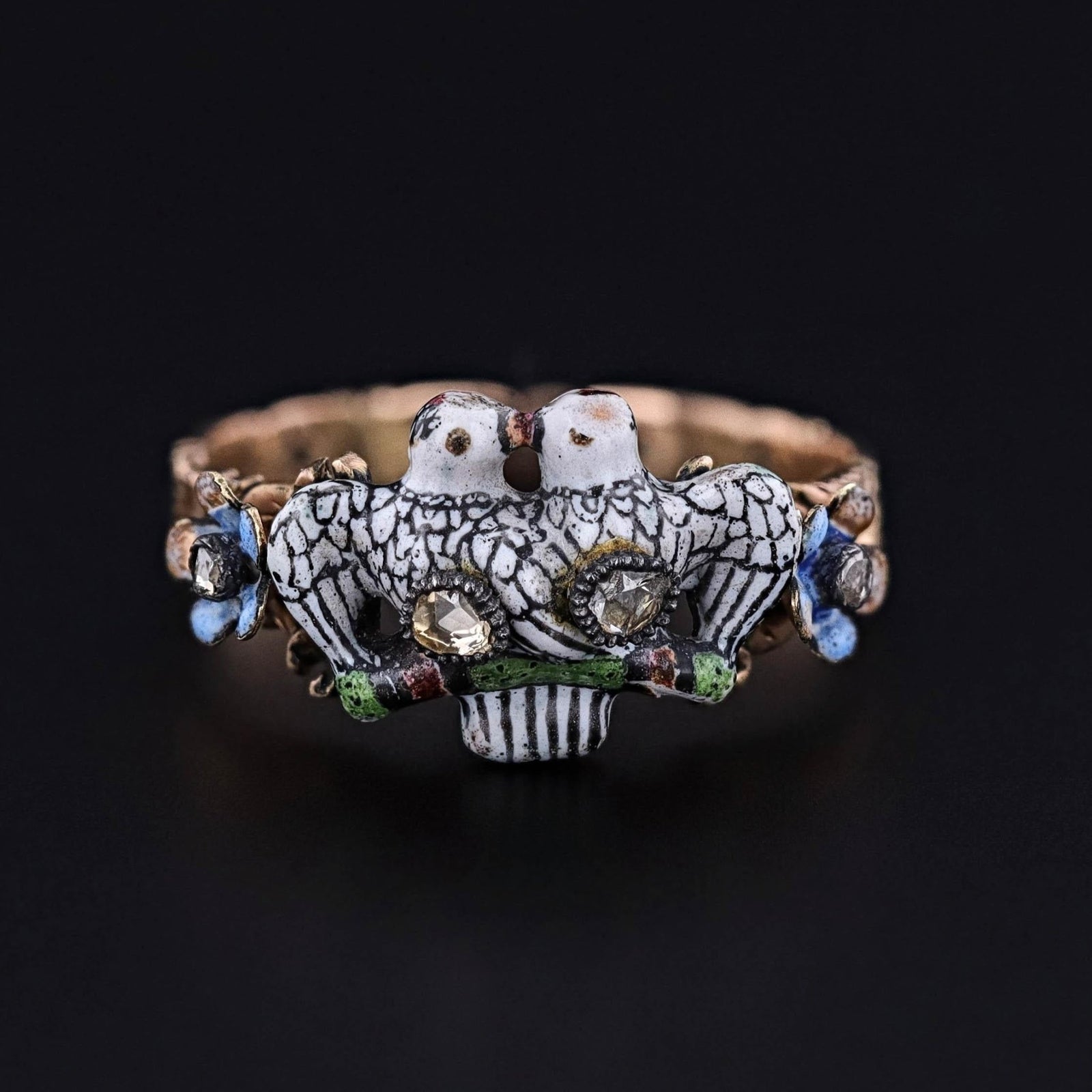 Georgian Era Renaissance Revival Enamel Lovebirds Ring - Trademark Antiques