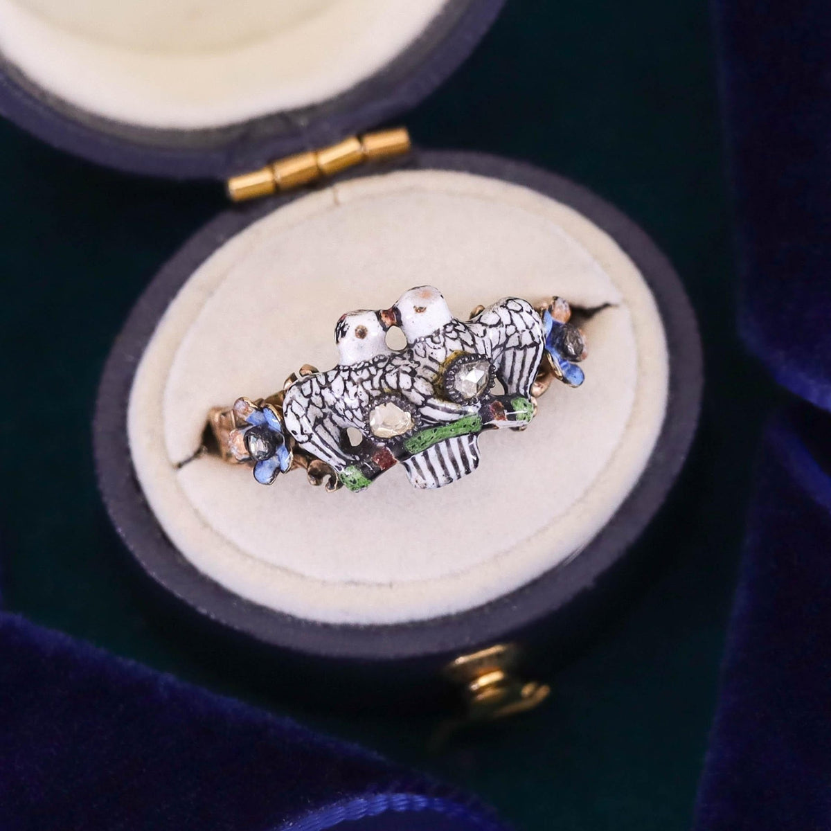 Georgian Era Renaissance Revival Enamel Lovebirds Ring - Trademark Antiques
