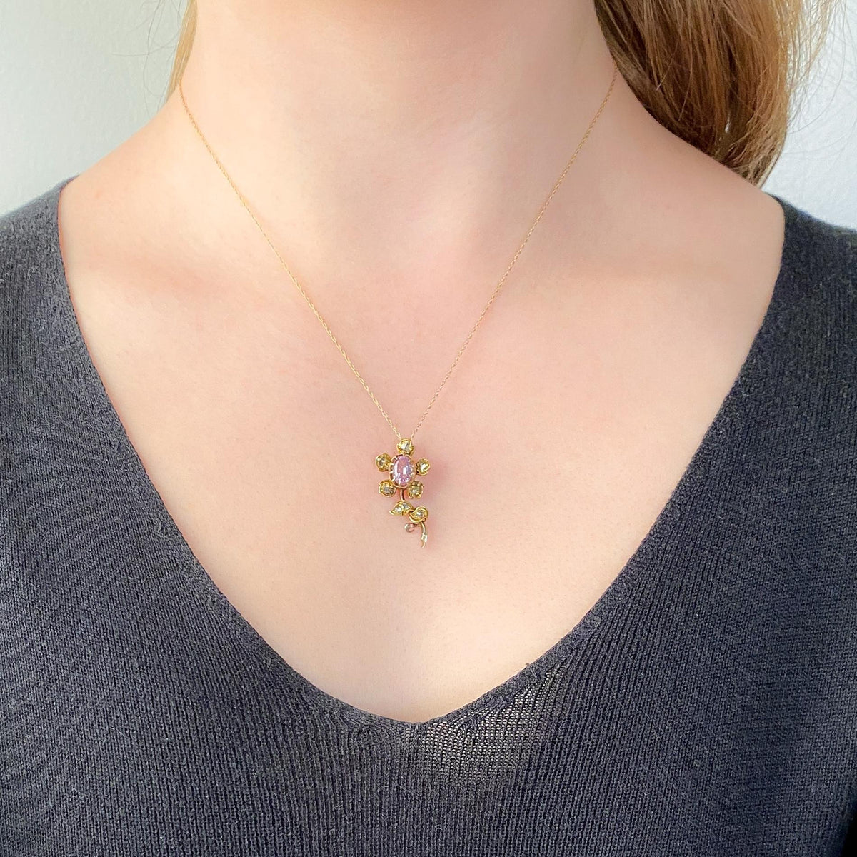 Georgian Flower Pendant of Pink Topaz and Diamond - Trademark Antiques