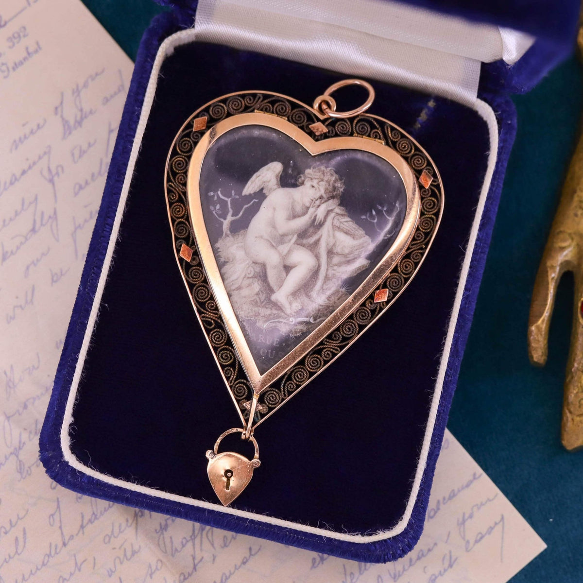 Georgian Garde Vous Cherub Pendant of 17k Gold and Painted Sepia - Trademark Antiques