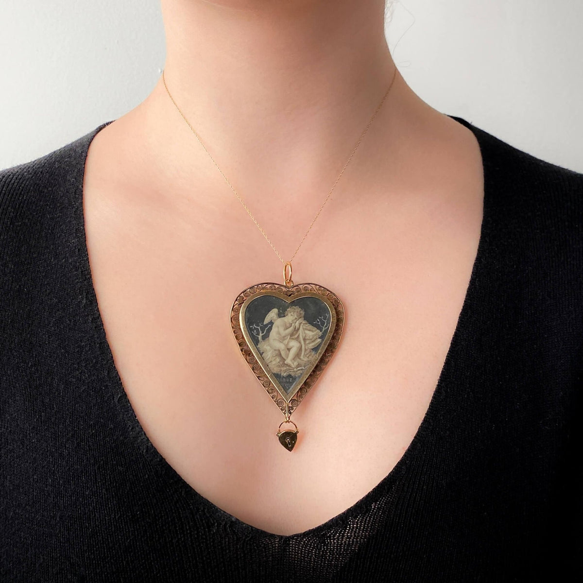 Georgian Garde Vous Cherub Pendant of 17k Gold and Painted Sepia - Trademark Antiques