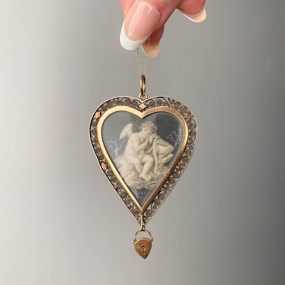 Georgian Garde Vous Cherub Pendant of 17k Gold and Painted Sepia - Trademark Antiques