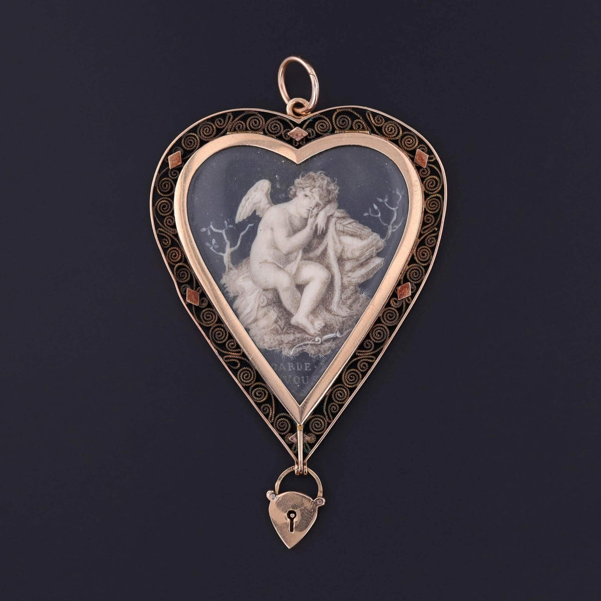 Georgian Garde Vous Cherub Pendant of 17k Gold and Painted Sepia - Trademark Antiques