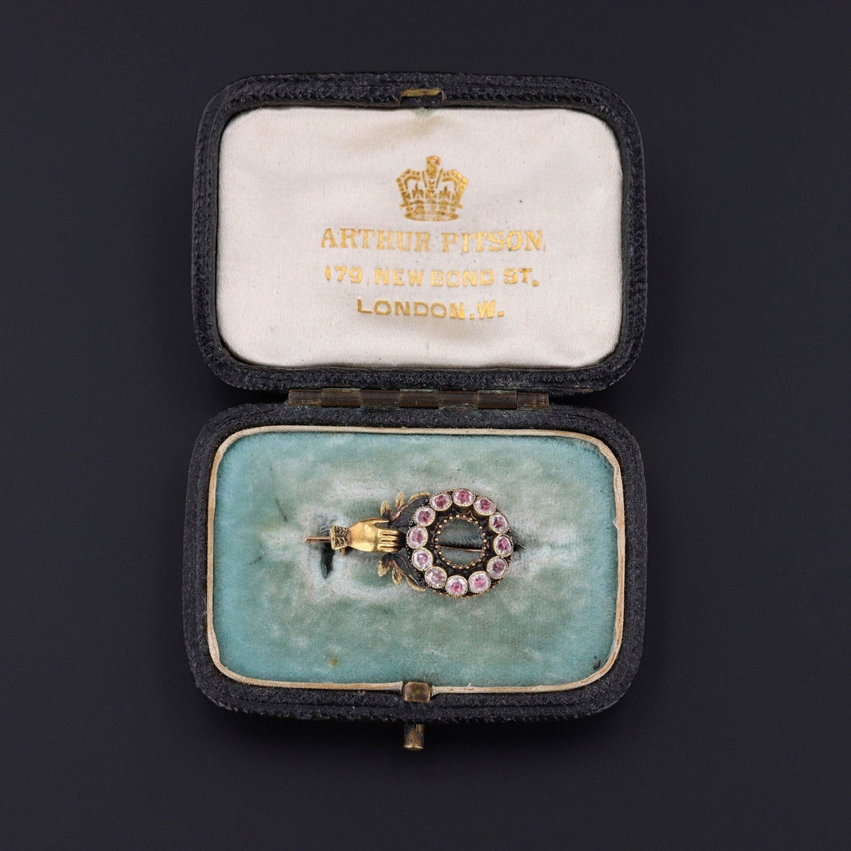 Georgian Hand Brooch of 18k Gold in Antique Box - Trademark Antiques