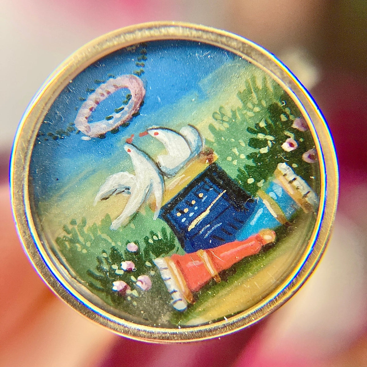 Georgian Hand Painted Dove Conversion Ring of 14k Gold - Trademark Antiques