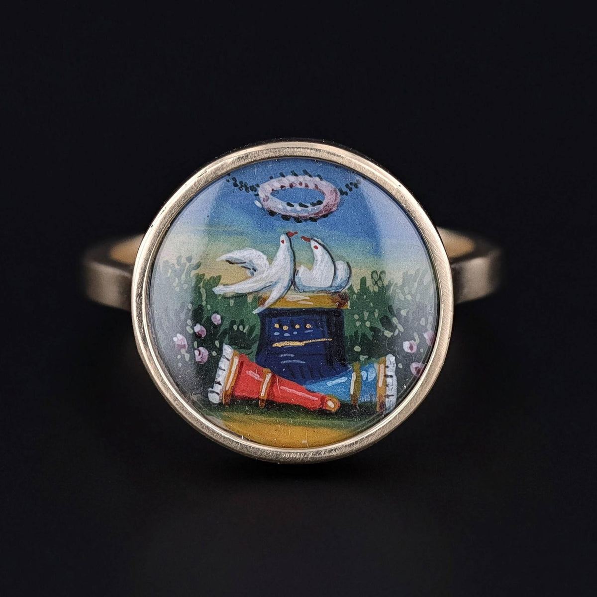 Georgian Hand Painted Dove Conversion Ring of 14k Gold - Trademark Antiques
