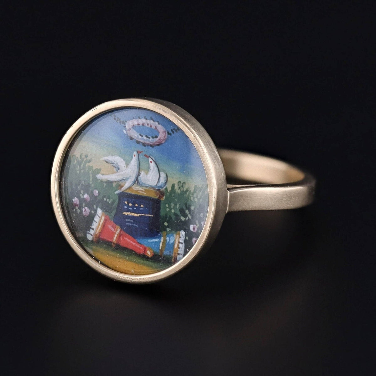 Georgian Hand Painted Dove Conversion Ring of 14k Gold - Trademark Antiques