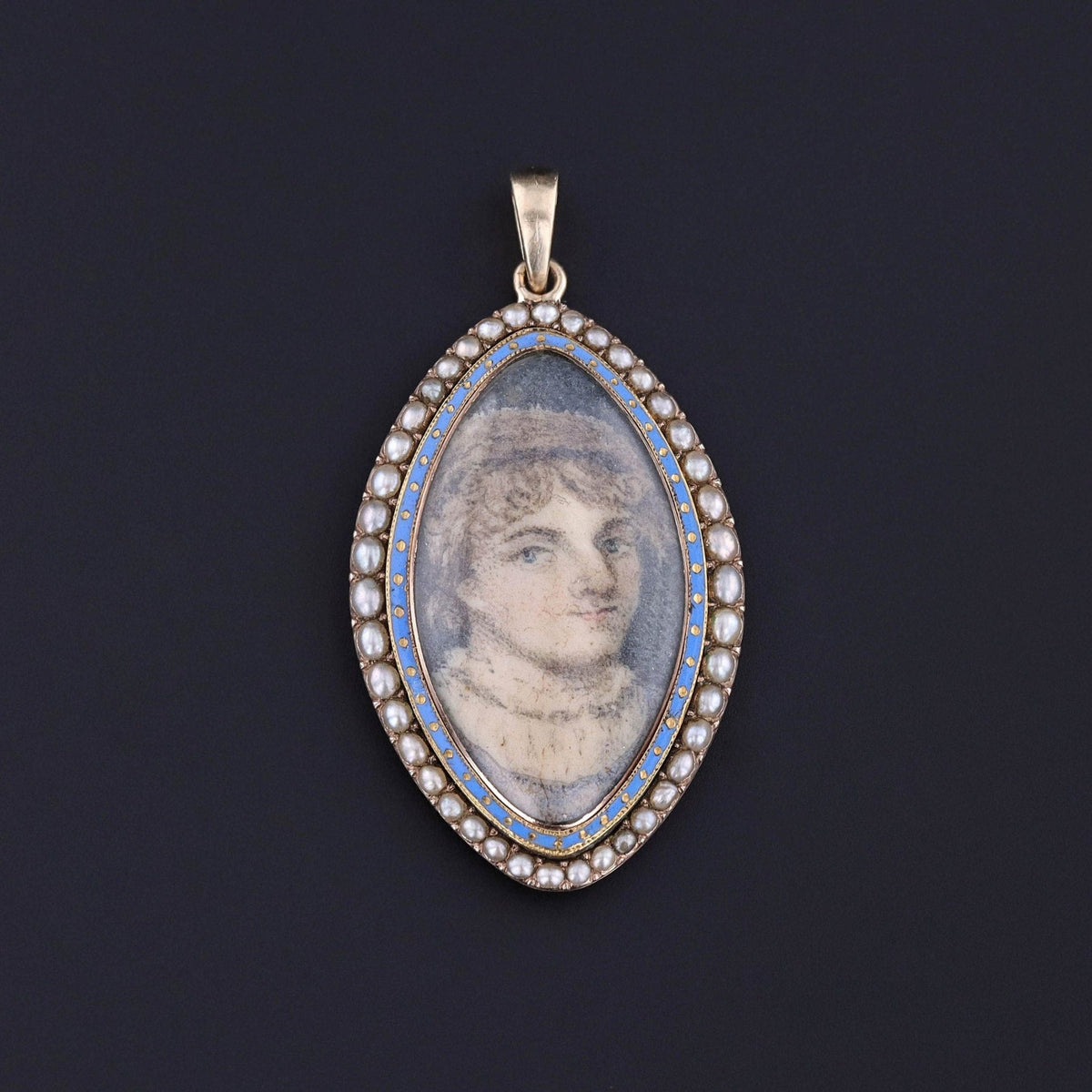 Georgian Hand Painted Portrait Miniature Pendant in 10k Gold - Trademark Antiques