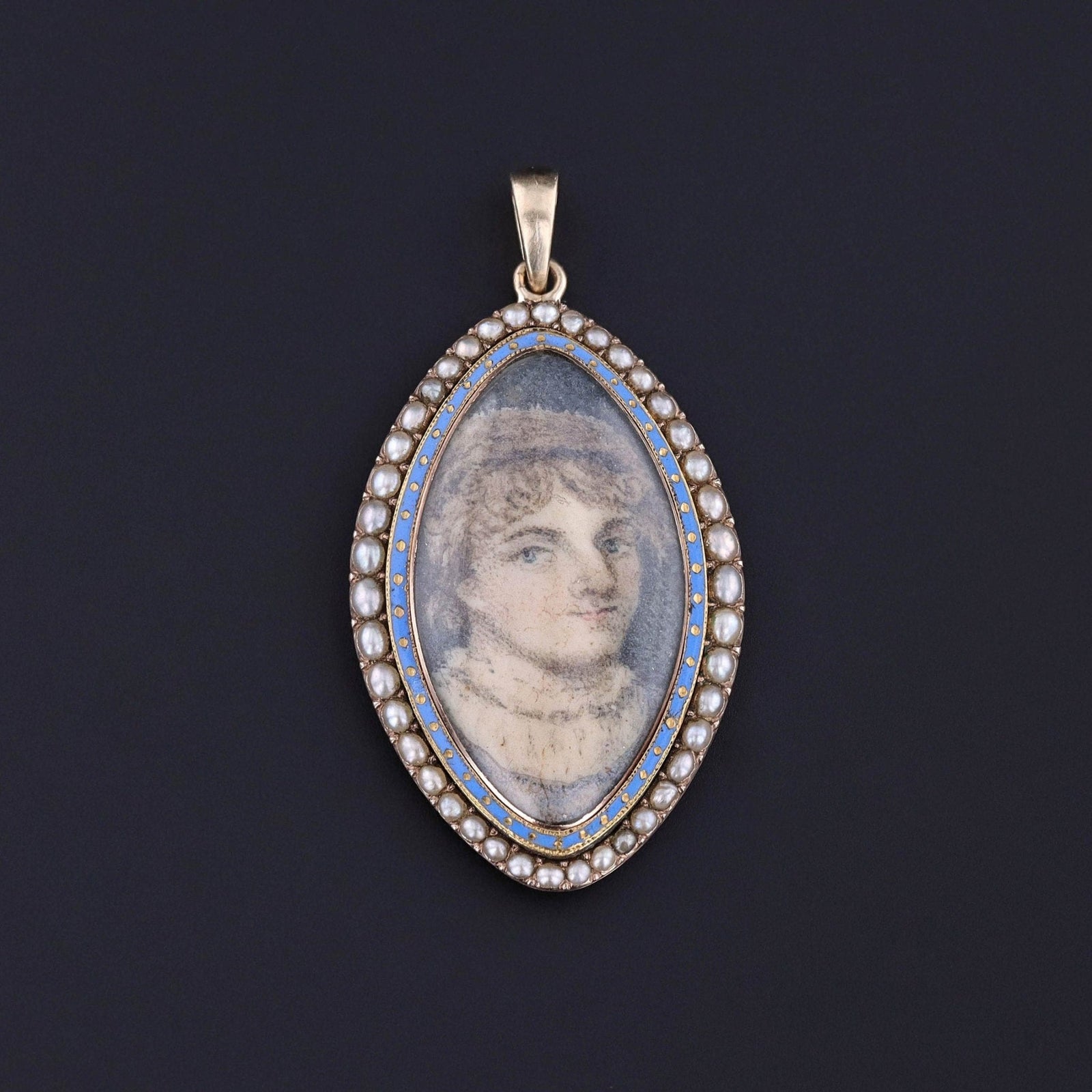 Georgian Hand Painted Portrait Miniature Pendant in 10k Gold - Trademark Antiques
