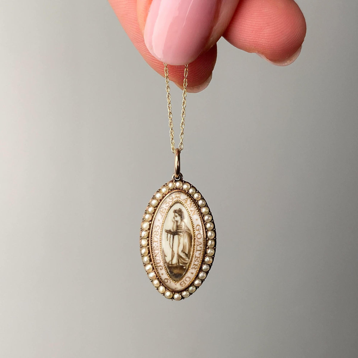 Georgian Mourning Miniature Pendant of Sepia and 11k Gold - Trademark Antiques