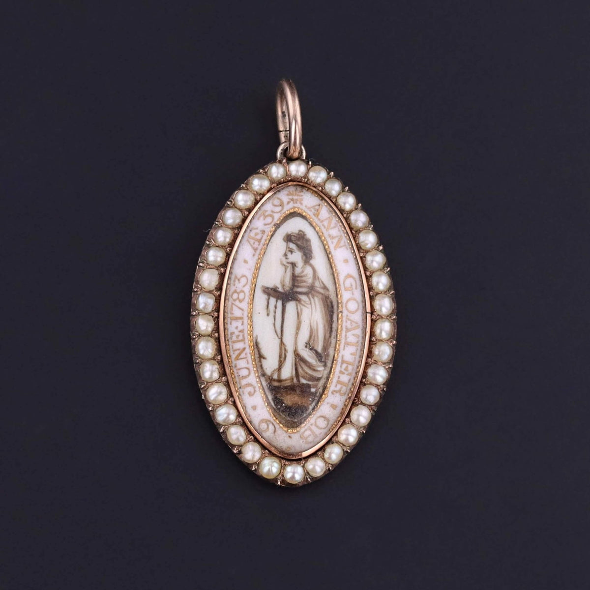 Georgian Mourning Miniature Pendant of Sepia and 11k Gold - Trademark Antiques