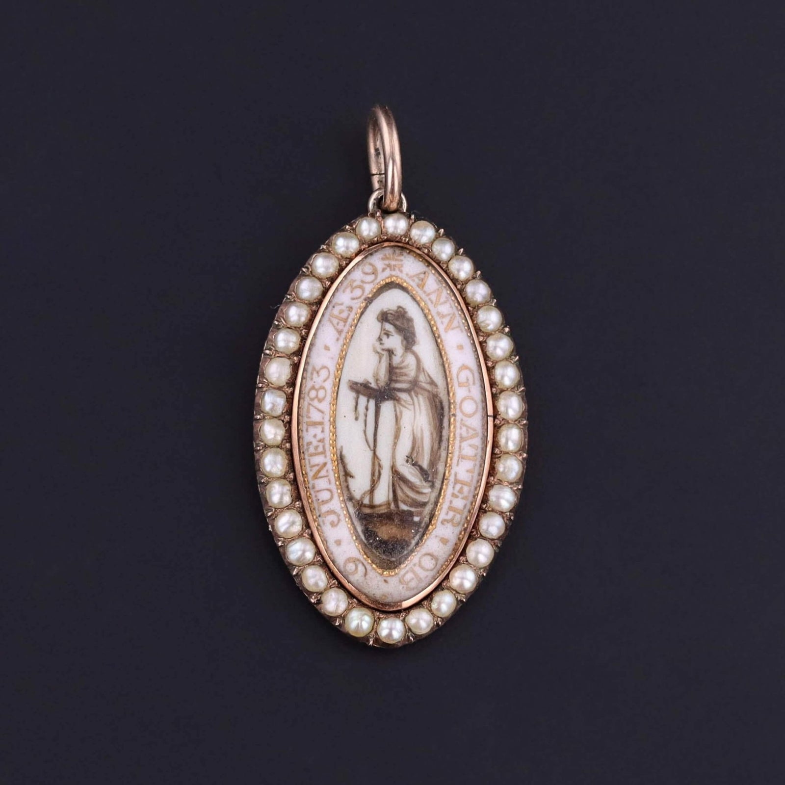 Georgian Mourning Miniature Pendant of Sepia and 11k Gold - Trademark Antiques