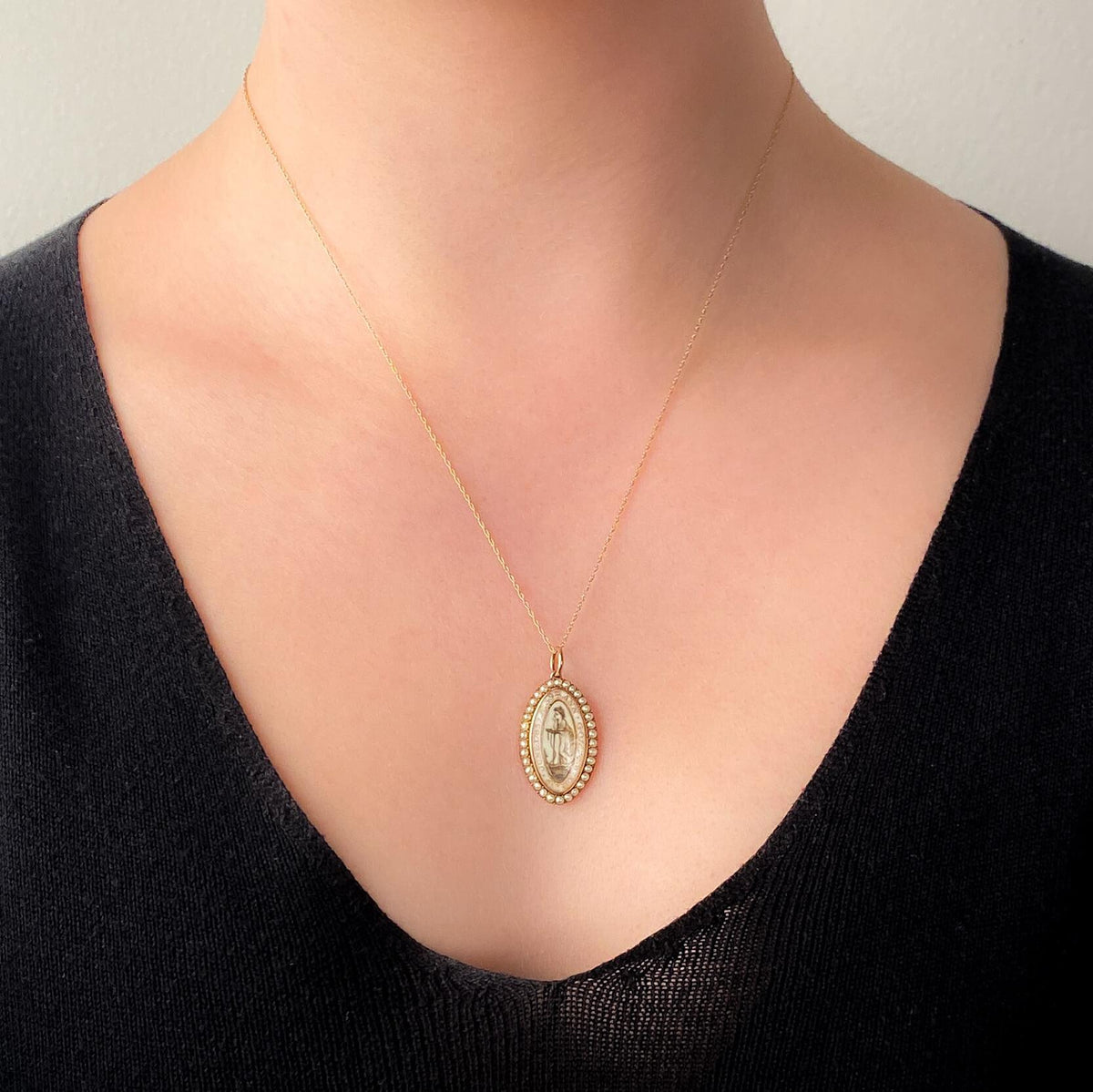 Georgian Mourning Miniature Pendant of Sepia and 11k Gold - Trademark Antiques