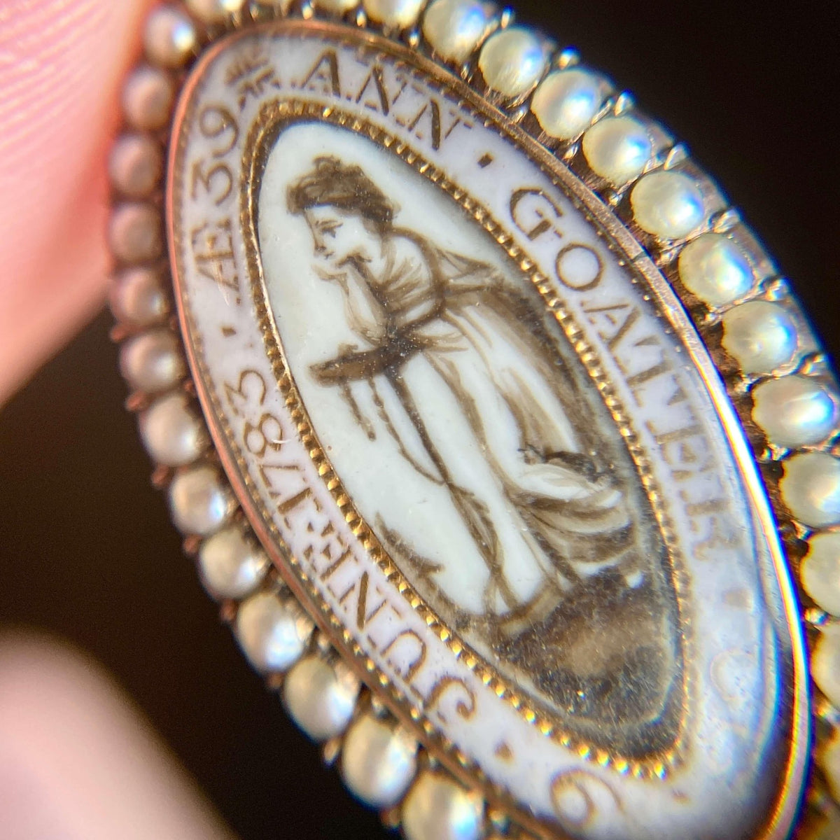 Georgian Mourning Miniature Pendant of Sepia and 11k Gold - Trademark Antiques