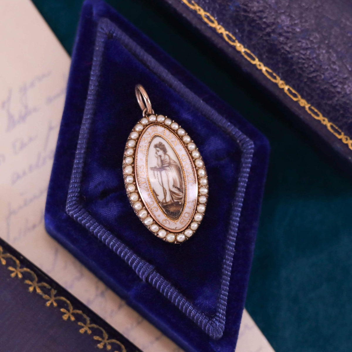 Georgian Mourning Miniature Pendant of Sepia and 11k Gold - Trademark Antiques