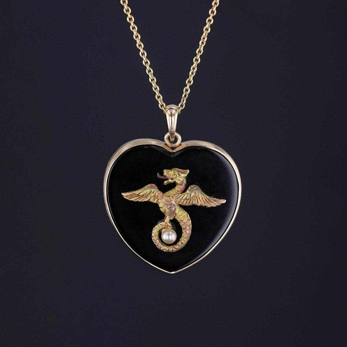 Griffin and Onyx Heart Conversion Pendant of 14k Gold - Trademark Antiques