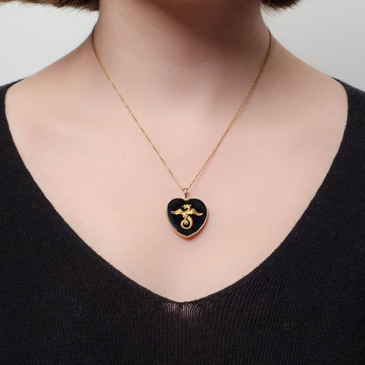 Griffin and Onyx Heart Conversion Pendant of 14k Gold - Trademark Antiques