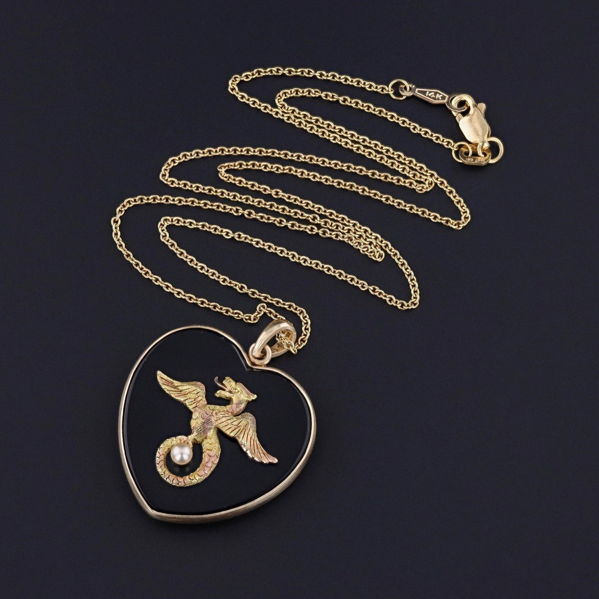 Griffin and Onyx Heart Conversion Pendant of 14k Gold - Trademark Antiques