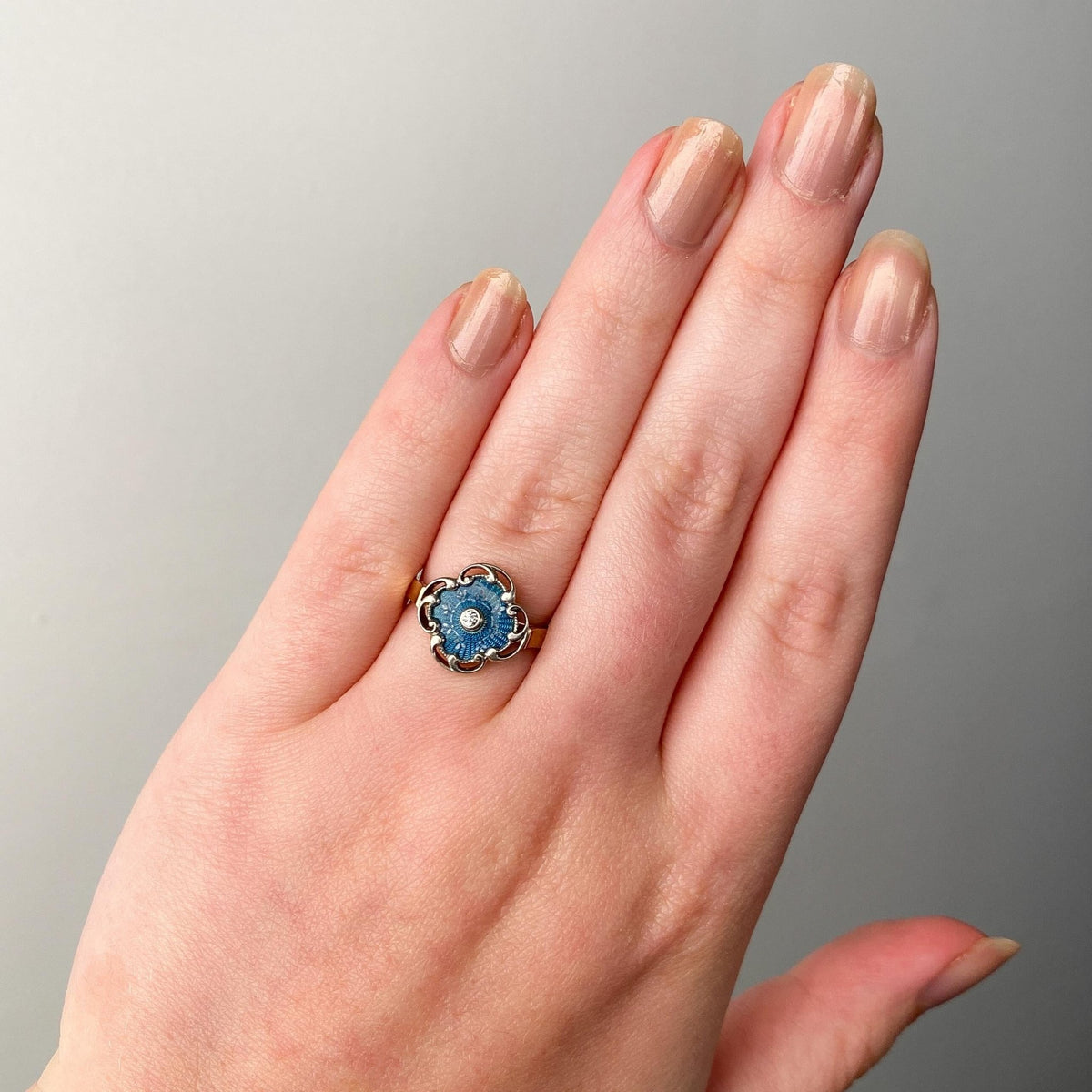 Guilloche Enamel and Diamond Ring of Platinum and 14k Gold - Trademark Antiques