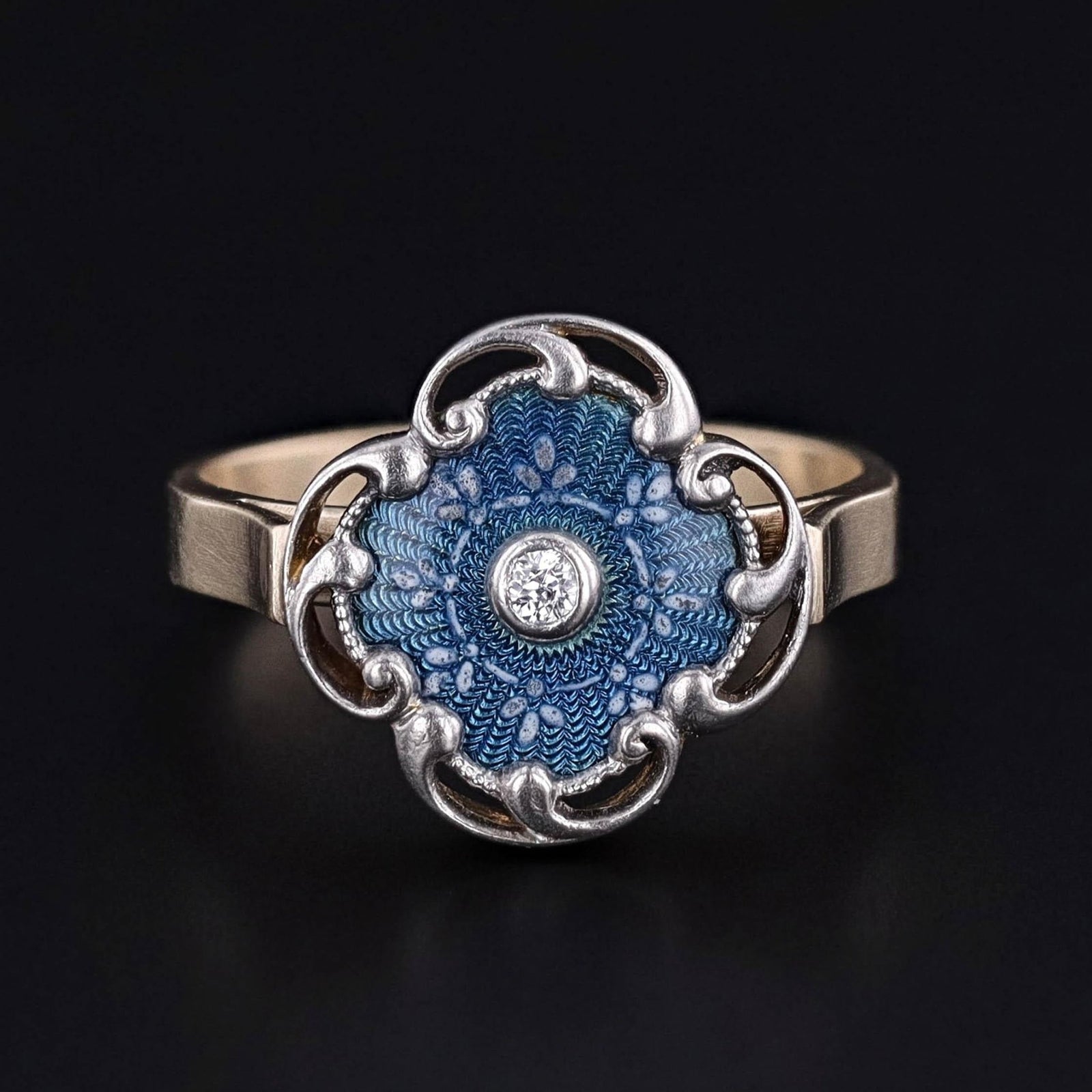 Guilloche Enamel and Diamond Ring of Platinum and 14k Gold - Trademark Antiques