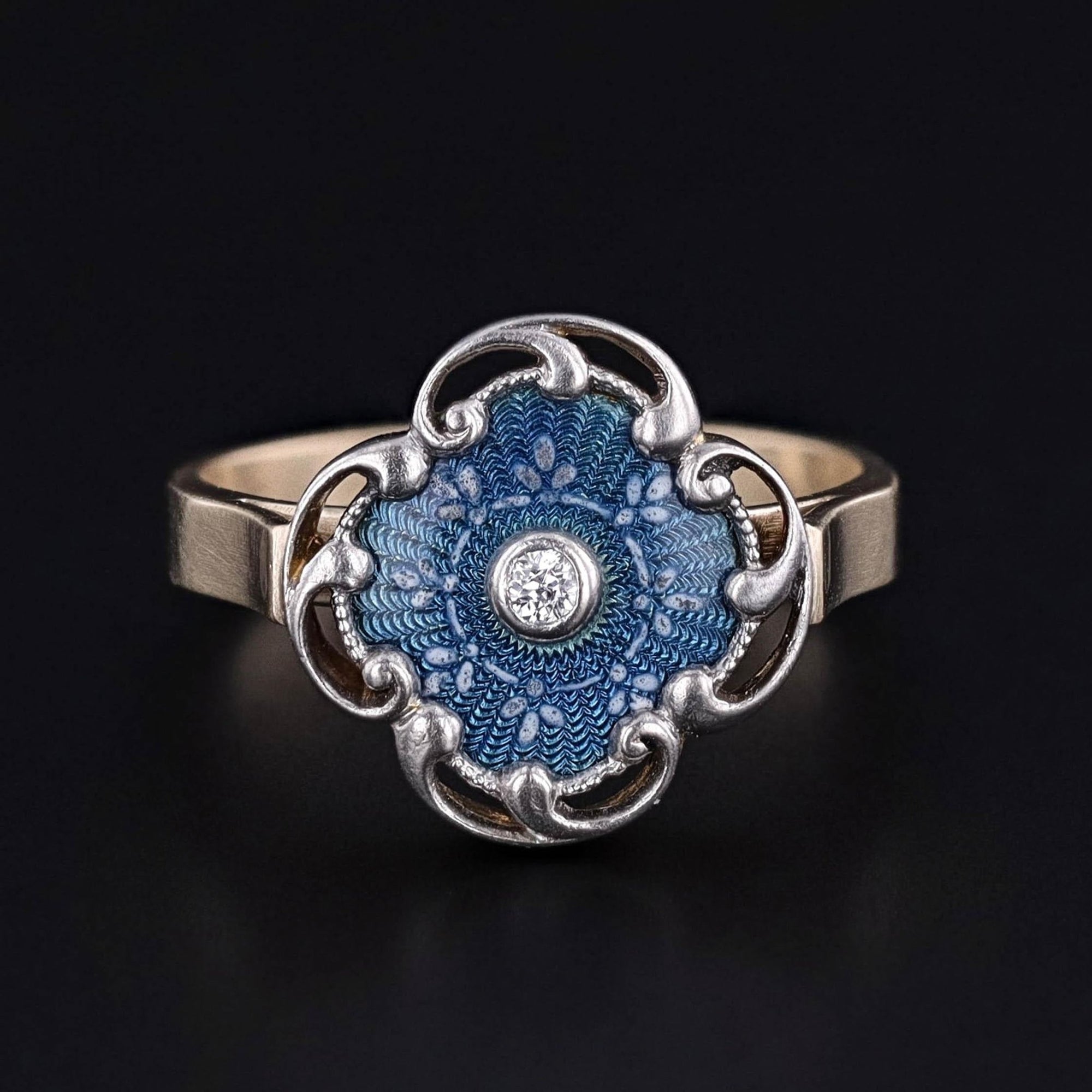 Guilloche Enamel and Diamond Ring of Platinum and 14k Gold - Trademark Antiques