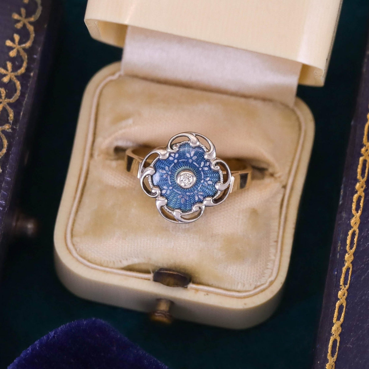Guilloche Enamel and Diamond Ring of Platinum and 14k Gold - Trademark Antiques