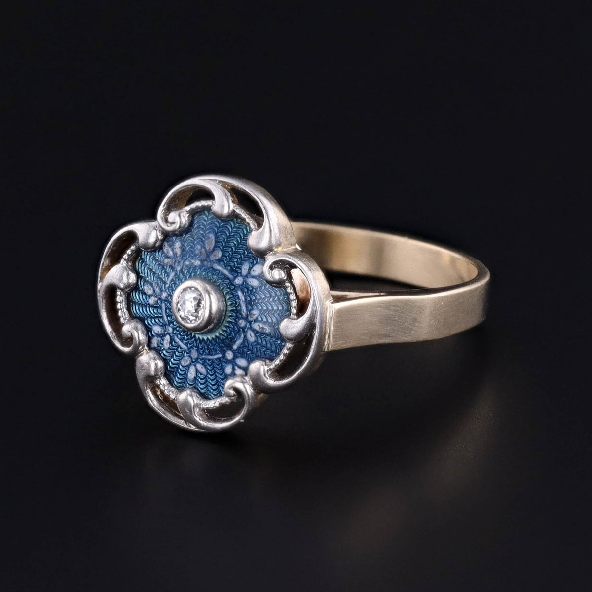 Guilloche Enamel and Diamond Ring of Platinum and 14k Gold - Trademark Antiques