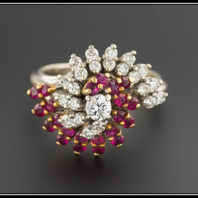 Vintage Ruby and Diamond Cocktail Ring of 18k Gold