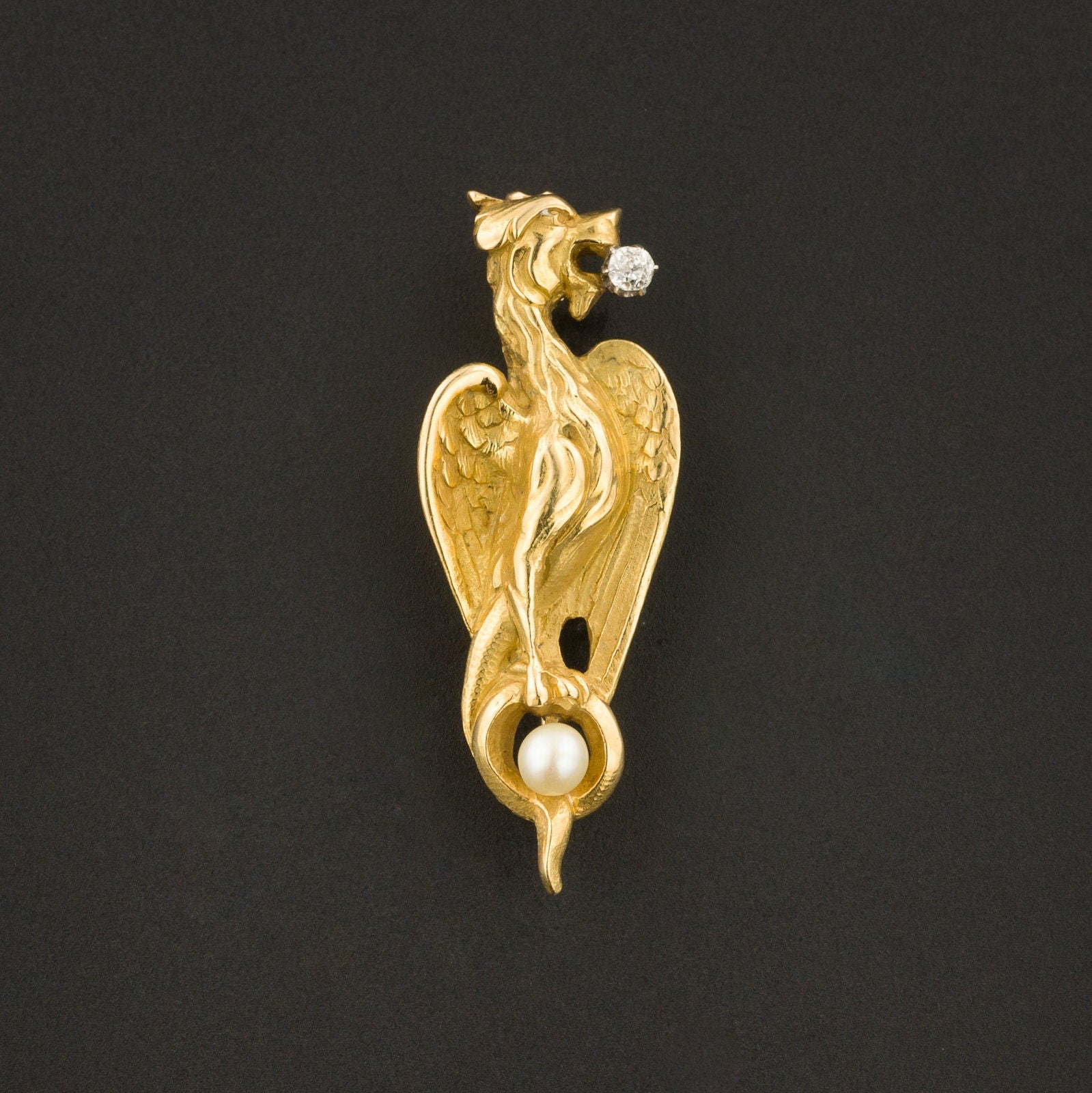 Antique French Griffin Brooch of 18k Gold