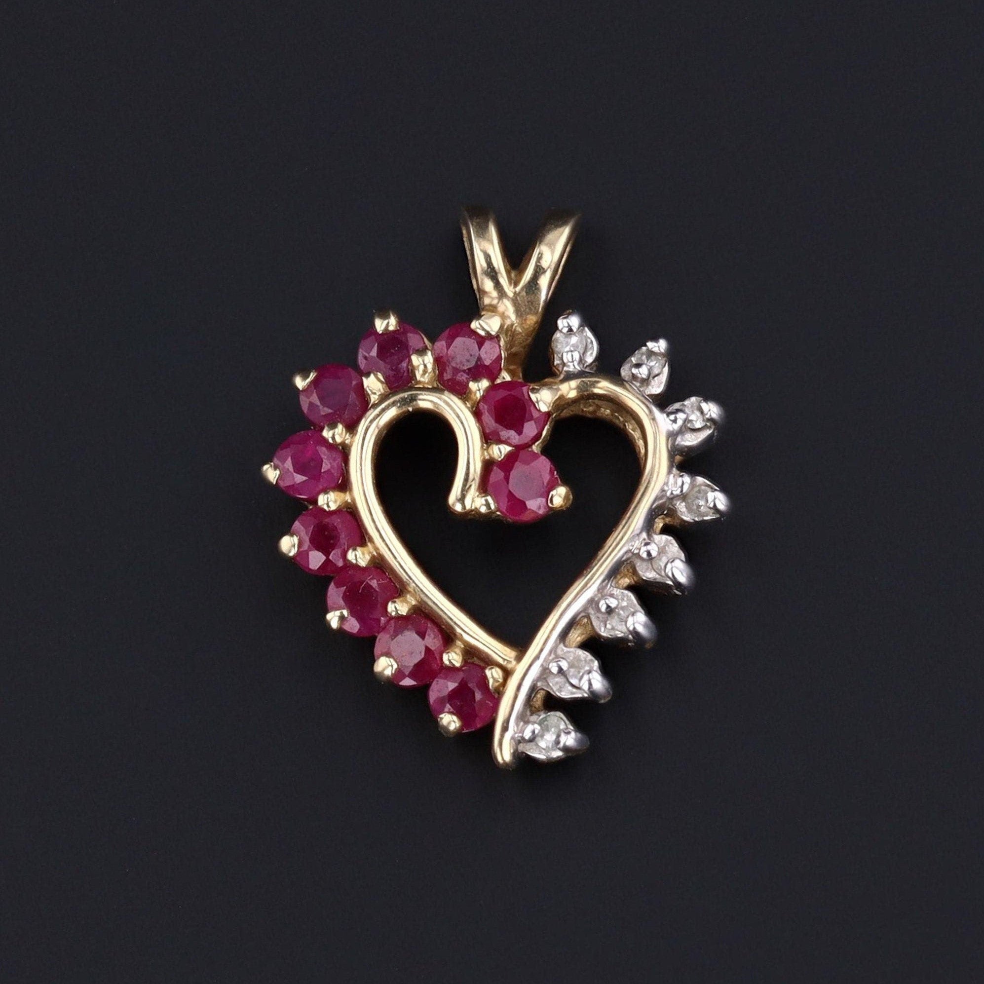 Vintage Ruby and Diamond Heart Charm of 14k Gold