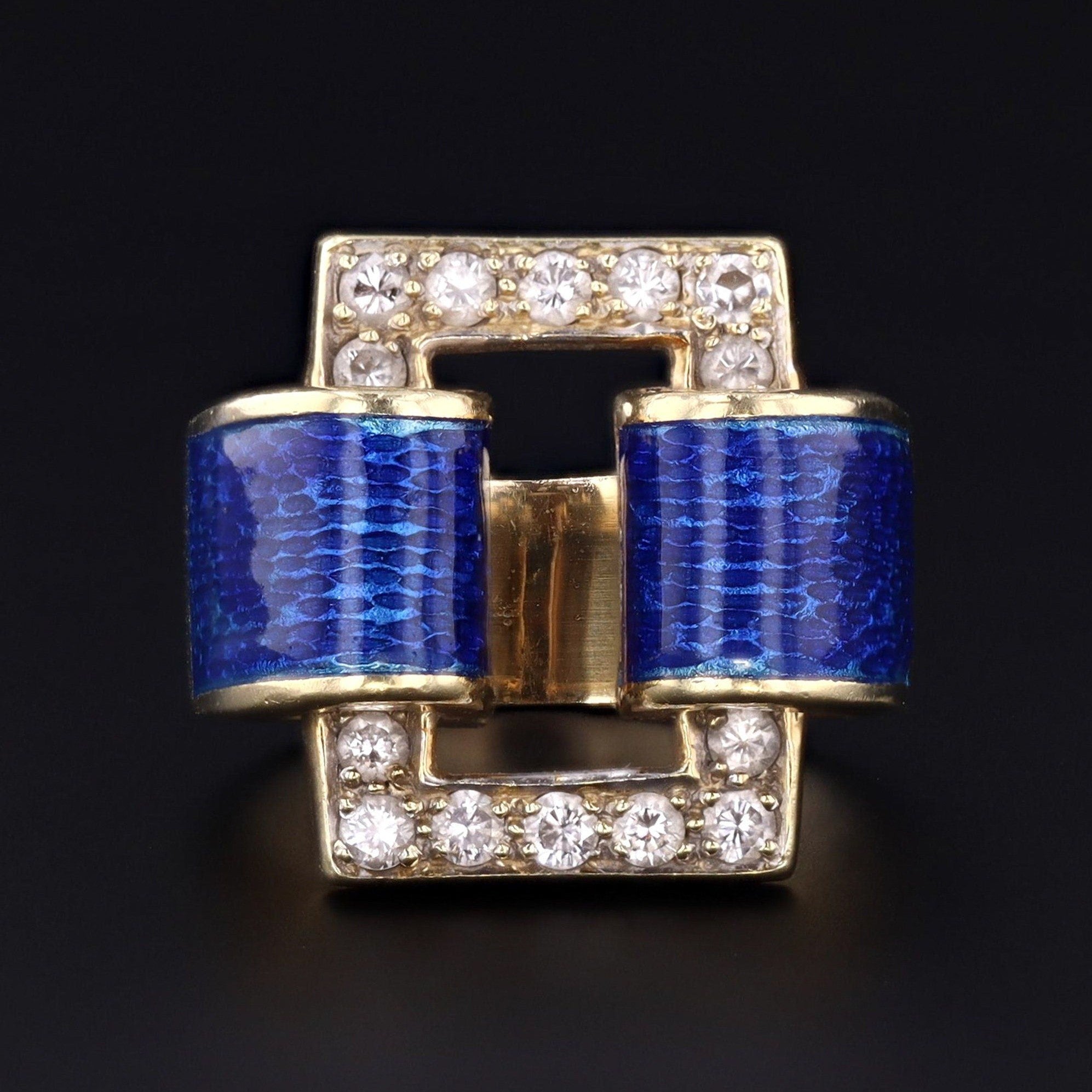 Mid-Century Blue Enamel and Diamond Buckle Ring of 14k Gold