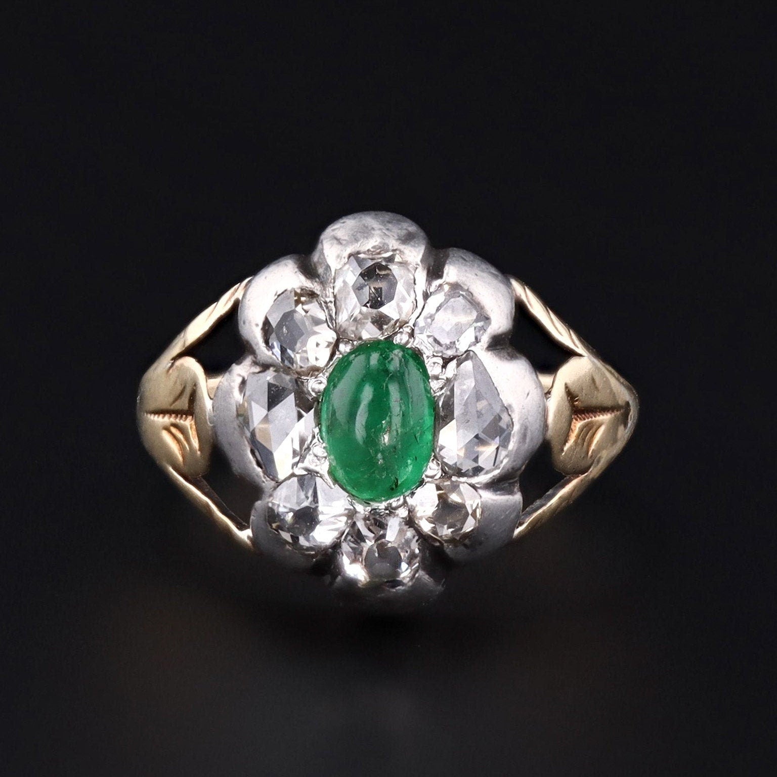 Antique Emerald Cabochon and Diamond Ring