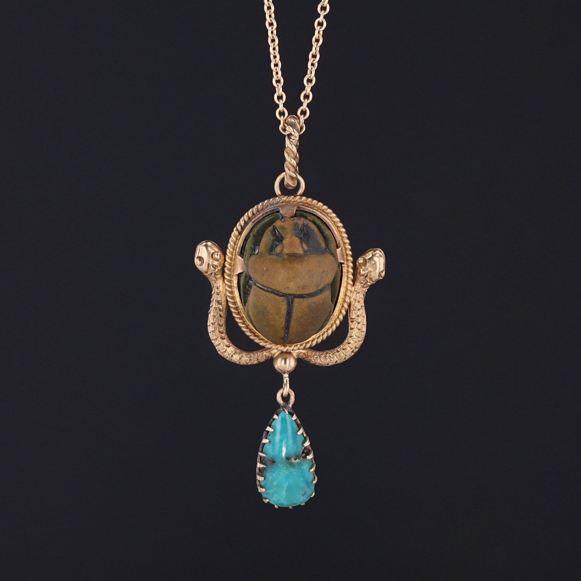 Antique Faience Scarab Pendant of 14k Gold