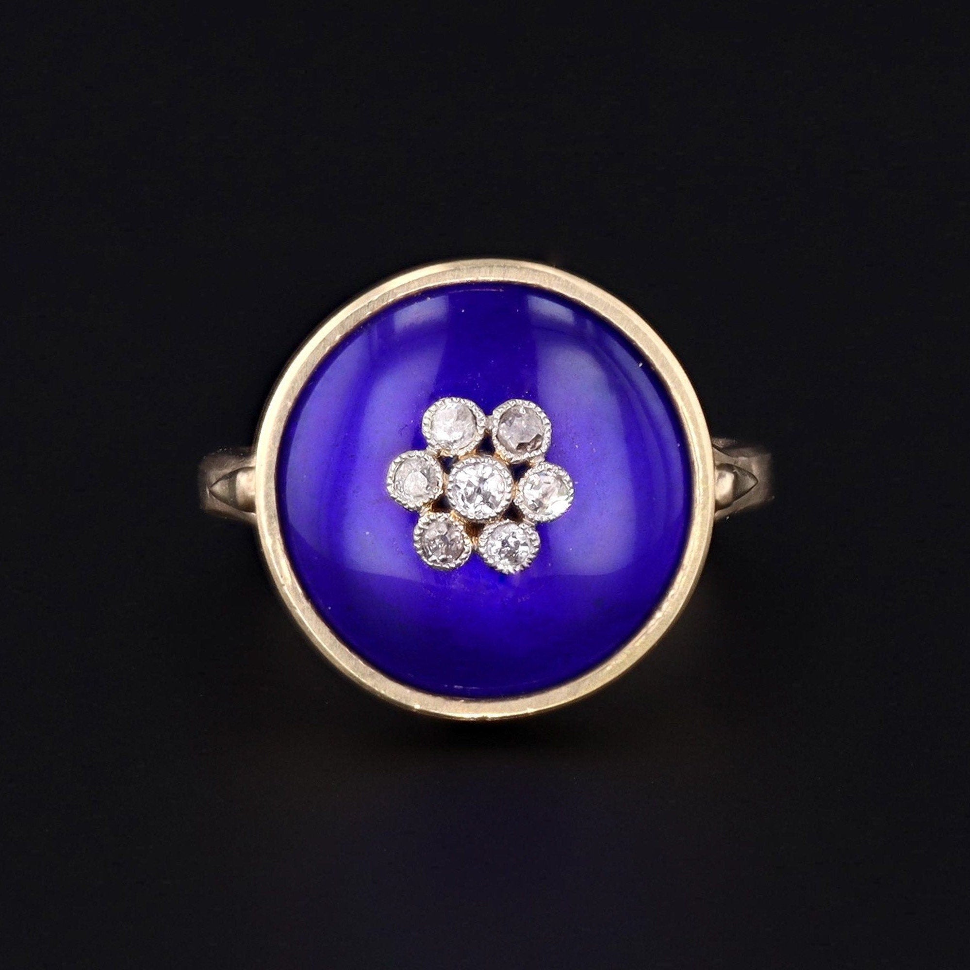 Antique Cobalt Blue Enamel and Diamond Conversion Ring of 14k Gold