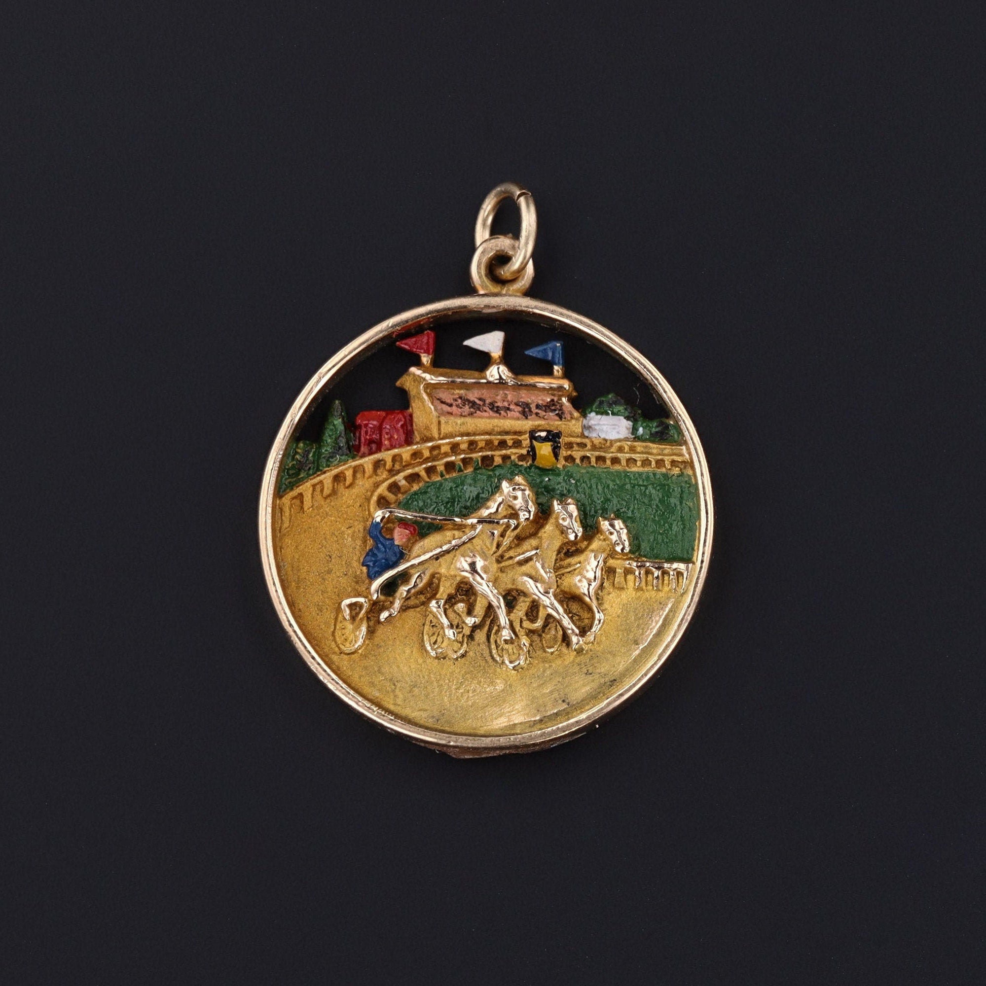 Vintage Enamel Racing Pendant of 14k Gold