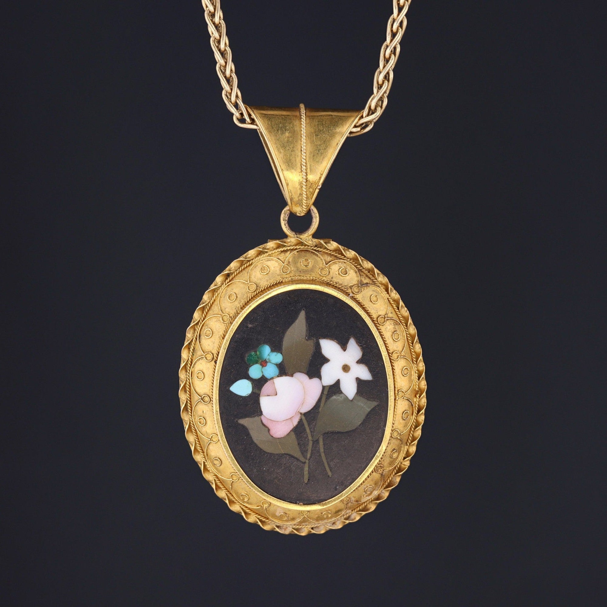 Antique Pietra Dura Locket Pendant of 14k Gold