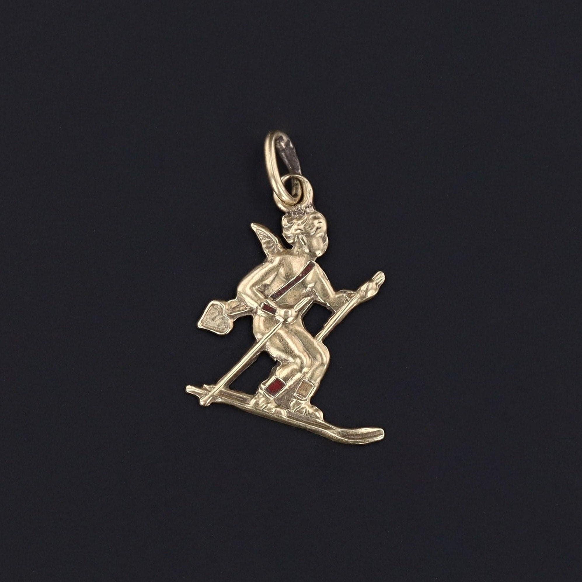 Vintage Skiing Cupid Charm of 14k Gold