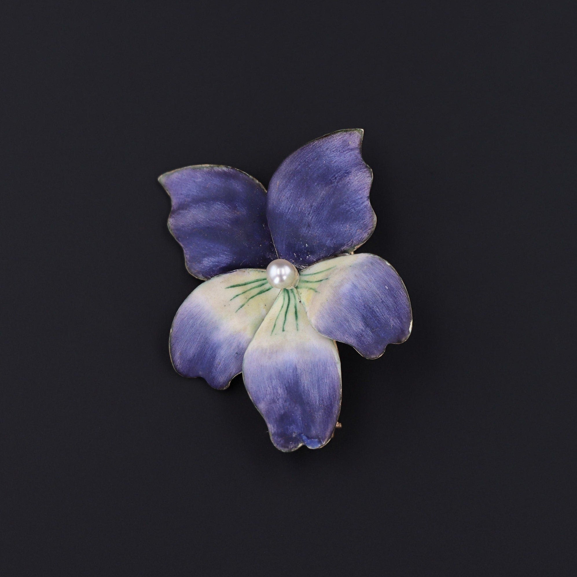 Antique Enamel Violet Flower Brooch of 14k Gold