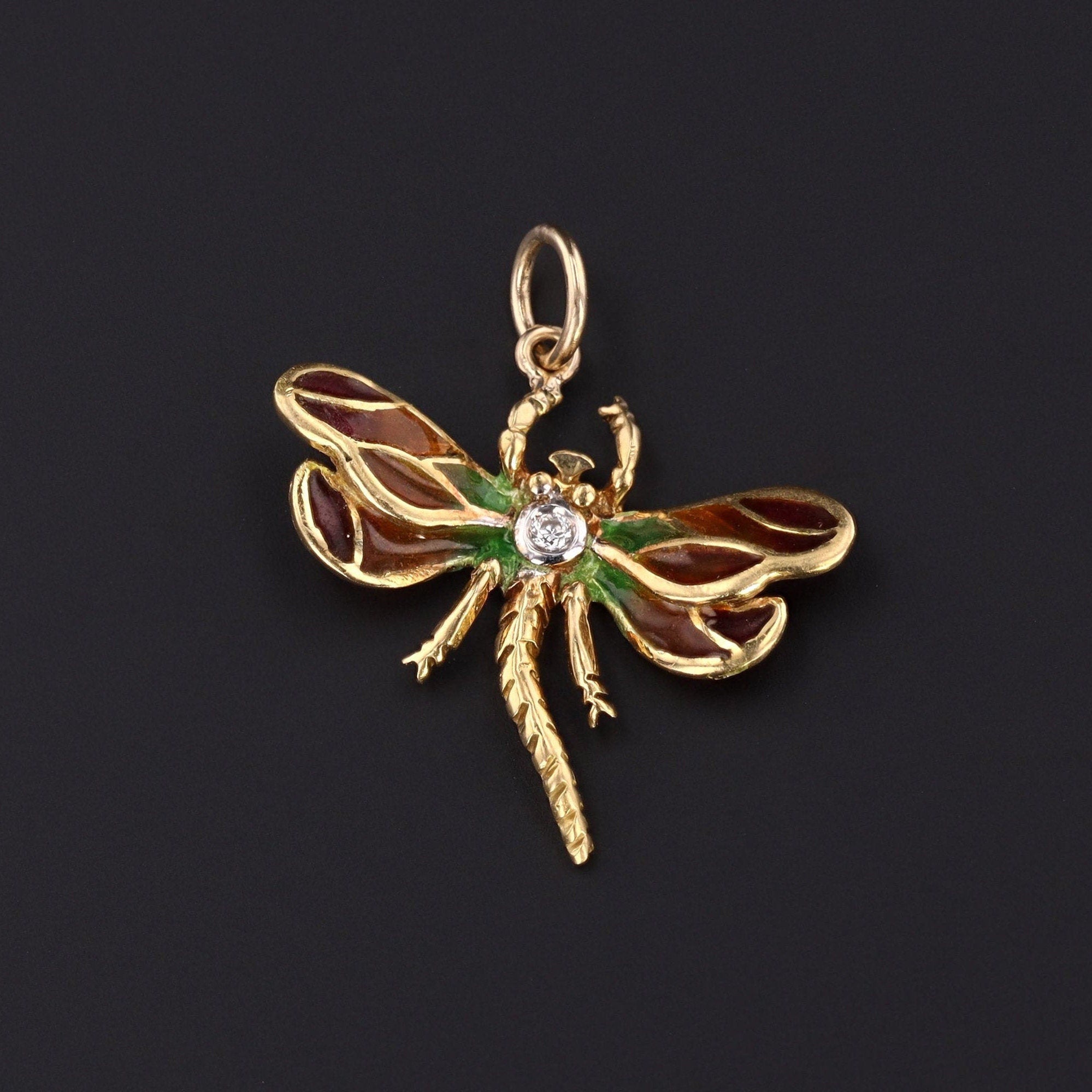 Antique Plique a Jour Enamel Dragonfly Pendant of 18k Gold