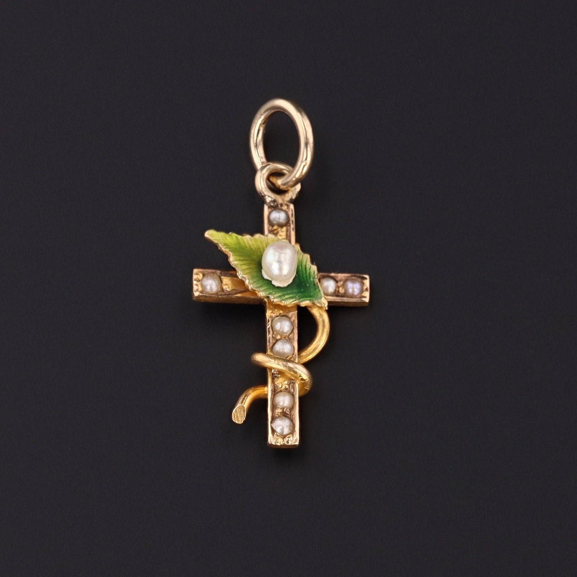 Antique Pearl Cross Conversion Pendant of 10k Gold